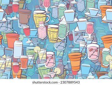 Background pattern abstract design texture. Seamless. Drinks. Theme is about drinking tube, cup, ice cream, beer, drink, alcohol, soda, coffee, Martini, aluminum, tea, figured glass, cherries