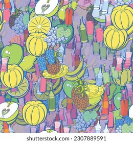 Background pattern abstract design texture. Seamless. Fruits and Alcohol. Theme is about lobules, incision, sparkling wine, pear, bunch, tart, pieces, Apple, for ladies, berries, tonic