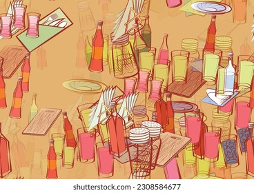 Background pattern abstract design texture. Seamless. Table setting and Alcohol. Theme is about glass, cutting board, tonic, multi-layered, vodka, board, fork, squares, saucer, Russian, napkins