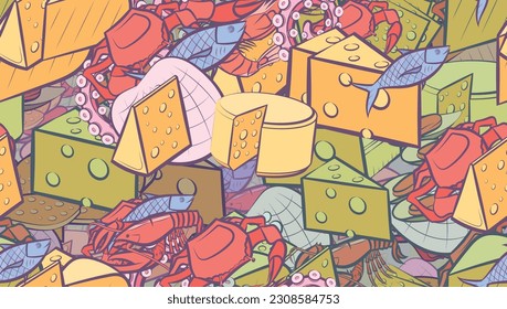 Background pattern abstract design texture. Seamless. Seafood and Cheeses. Theme is about nautical, big, sea, cheese, triangle, many holes, squid, claws, fish, no holes, slice, lies, lobster