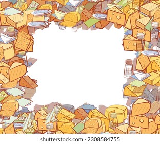 Background pattern abstract design texture. Table setting and Cheeses. Border frame, transparent background. Theme is about big, fork, plate, solid, share, thinly sliced, folded, saucer