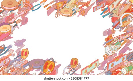 Background pattern abstract design texture. Building tools and Repair. Border frame, transparent background. Theme is about nuts, sawing, mounting, retainer, wedge, roulette, waterproofing