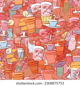 Background pattern abstract design texture. Seamless. Seafood and Drinks. Theme is about lobster, mussels, claws, alcohol, cocktail, wine, lemon, glass, drinking straw, citrus, bubbles