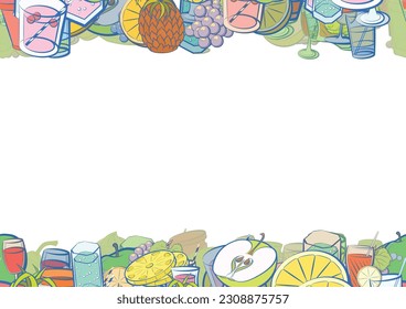 Background pattern abstract design texture. Drinks and Fruits. Horizontal seamless stripes. Border frame, transparent background. Theme is about whole, pear, coffee, cut, cherries, kvass