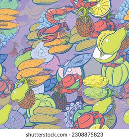 Background pattern abstract design texture. Seamless. Seafood and Fruits. Theme is about pineapple, royal, branch, fetus, shrimp, big, lobules, cut, fish, claws, Apple, yummy, bananas, shell