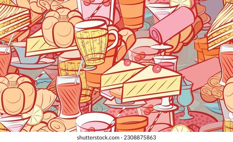 Background pattern abstract design texture. Seamless. Bakery products and Drinks. Theme is about filling, common, compote, hot drink, pie, drink, wine, fried, strudel, bubbles, cardboard