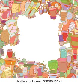 Background pattern abstract design texture. Drinks and Japanese food. Border frame, transparent background. Theme is about hot drink, compote, roll salmon, lemon, sauce bottle, Cup, sauce cup