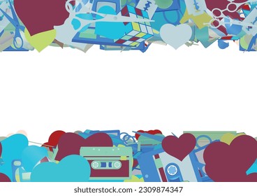 Background pattern abstract design texture. Horizontal seamless stripes. Border frame, transparent background. Theme is about clock, Barber pole, candy watches, sweets, boombox, comb, magnetola