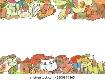 Background pattern abstract design texture. Alcohol and Snacks. Horizontal seamless stripes. Border frame, transparent background. Theme is about lettuce leaf, liquids, cheese, satiety, tart