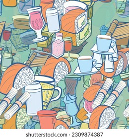 Background pattern abstract design texture. Seamless. Drinks and Japanese food. Theme is about bamboo mat, cola, kvass, cocktail, lemon, plastic, glass, soda can, soy sauce, cherries, stand