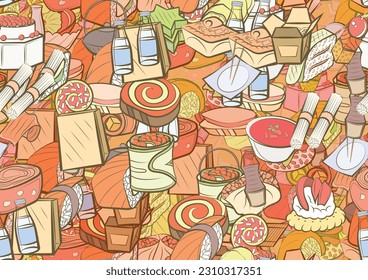 Background pattern abstract design texture. Seamless. Japanese food and Snacks. Theme is about food delivery, onigiri, sushi, packet, fish, bamboo mat, star, soup, sandwich, tartlet, water bottles