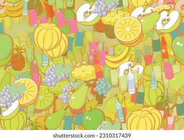 Background pattern abstract design texture. Seamless. Alcohol and Fruits. Theme is about tonic, sparkling wine, cola, multi-layered, for ladies, gin, peel, pear, pieces, fruit, lobules, alcohol