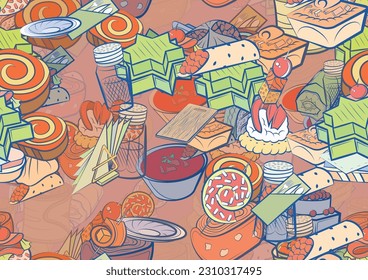 Background pattern abstract design texture. Seamless. Snacks and Table setting. Theme is about cream, star, meat, napkin holder, cheese, table set, salad, cucumber, stick, spoon, soup, fish
