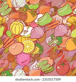 Background pattern abstract design texture. Seamless. Fruits and Health food. Theme is about cob, mandarin, in the peel, tomato, incision, satisfying, protein, persimmon, spring onions, pods