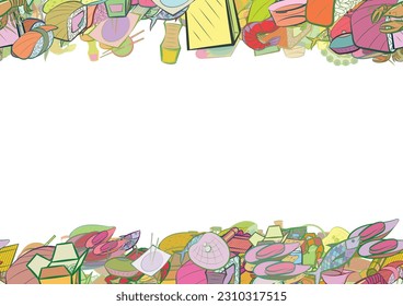 Background pattern abstract design texture. Seafood and Japanese food. Horizontal seamless stripes. Border frame, transparent background. Theme is about claws, shrimp, seafood, squid, water bottles