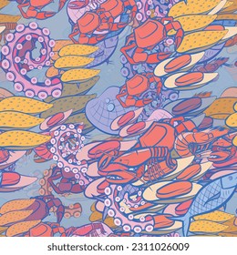 Background pattern abstract design texture. Seamless. Seafood. Theme is about octopus, oceanic, claws, crab, sea, royal, fish, yummy, mussels, shrimp, big, filling, nautical, cheese, seafood