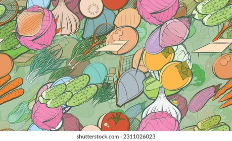 Background pattern abstract design texture. Seamless. Tennis and Health food. Theme is about game table, pods, clip, carrot, racket, beet, small, healthy food, garlic head, ping-pong, pepper