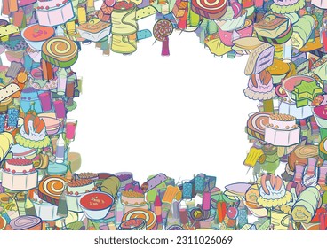 Background pattern abstract design texture. Snacks and Alcohol. Border frame, transparent background. Theme is about meat, satiety, cake, onigiri, cucumber, bacon, sandwich, crab meat, filling