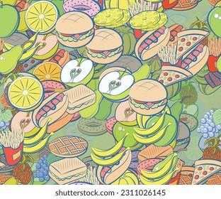 Background pattern abstract design texture. Seamless. Fruits and American food. Theme is about peel, whole, steak, donut, pear, french fries, incision, pineapple, Apple, mandarin, branch