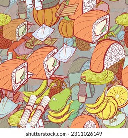 Background pattern abstract design texture. Seamless. Fruits and Japanese food. Theme is about bottles, sushi-roll, soba, slices, bunch, Apple, sauce cup, fruit, kyusu, pineapple, incision