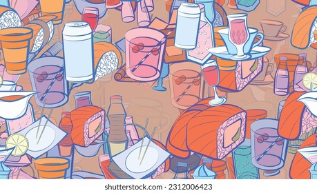 Background pattern abstract design texture. Seamless. Japanese food and Drinks. Theme is about water bottles, food sticks, aluminum, bamboo mat, beer, Cup, sauce cup, Martini, sushi salmon