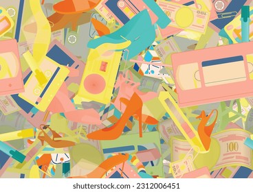 Background pattern abstract design texture. Seamless. Theme is about casual, hundred, loafers, financial, investment, 80s, ladies, loan, accounting, market, footwear, banknote, retro, slide sandals