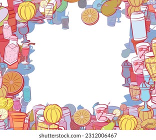 Background pattern abstract design texture. Drinks and Fruits. Border frame, transparent background. Theme is about ice cream, Martini, drinking tube, compote, berries, mandarin, leaflet