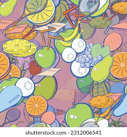 Background pattern abstract design texture. Seamless. Tennis and Fruits. Theme is about orange, pieces, cut, mini-tennis, tennis racket, grapes, pineapple, leaflet, couple, net, game table