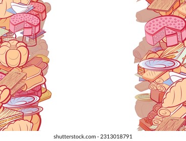 Background pattern abstract design texture. Bakery products and Table setting. Vertical seamless stripes. Border frame, transparent background. Theme is about spicy, cherry, bread, two-layer