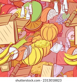 Background pattern abstract design texture. Seamless. Fruits and Japanese food. Theme is about slices, fruit, half, leaflet, incision, sushi, wok, bamboo mat, mandarin, bottles, cut, tea