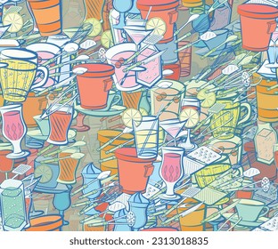 Background pattern abstract design texture. Seamless. Cutlery and Drinks. Theme is about scooped, spoon, whisk, knife, lemon, ladle, alcohol, meat fork, citrus, saucer, wine, ice cream, aluminum