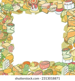 Background pattern abstract design texture. Cheeses and Snacks. Border frame, transparent background. Theme is about cucumber roll, big, a circle, marshmallows, onigiri, sandwich, meat, twisted
