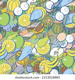 Background pattern abstract design texture. Seamless. Tennis and Fruits. Theme is about chair, clip, slices, racket, tennis balls, pear, net, leaflet, pieces, sports judge, berries, netting