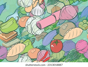 Background pattern abstract design texture. Seamless. Health food and Bakery products. Theme is about in the peel, hot peppers, persimmon, lush, onion feathers, cucumbers, a sandwich, twist