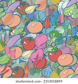 Background pattern abstract design texture. Seamless. Alcohol and Health food. Theme is about Chile, vitamins, forty degrees, Chinese cabbage, beet, corn, cooking, glass, soda, Finnish, in the peel