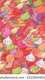 Background pattern abstract design texture. Seamless. Seafood and Health food. Theme is about cooking, small, mussels, red cabbage, pods, white, carrot, claws, cabbage, octopus, squid, yummy