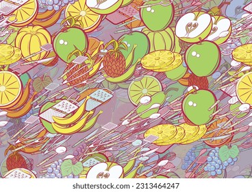 Background pattern abstract design texture. Seamless. Fruits and Cutlery. Theme is about pieces, bunch, mandarin, leaflet, knife, kitchen knife, pineapple, Potato Maker, orange, cut, spoon