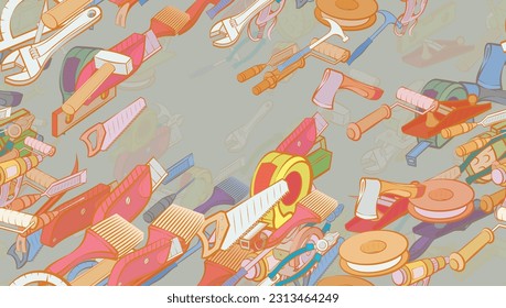 Background pattern abstract design texture. Seamless. Repair and Building tools. Theme is about meter, fire tools, nailing, paper cutter, painter, acute, hank, ax, workshop, leveling, mount