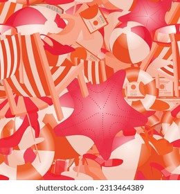 Background pattern abstract design texture. Seamless. Theme is about illustration, style, dollars, money, beach, us, glamour, prosperity, graphic, sea, lifebuoy, ball, flip-flops, slingback shoes