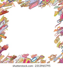Background pattern abstract design texture. Repair and Building tools. Border frame, transparent background. Theme is about laying bricks, painter, handle, spinning, power tool, stationary