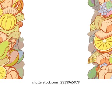 Background pattern abstract design texture. Bakery products and Fruits. Vertical seamless stripes. Border frame, transparent background. Theme is about orange, bananas, two-layer, berries