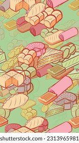 Background pattern abstract design texture. Seamless. Bakery products. Theme is about waffles, divided, slice, molded, sandwich, bread, cut, dissected, fried, lush, cake, a stack, braid