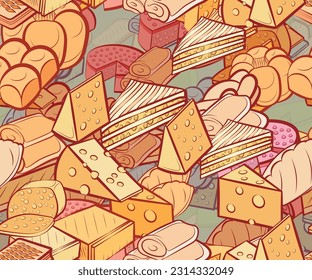 Background pattern abstract design texture. Seamless. Bakery products and Cheeses. Theme is about strudel, cheesecake, braid, waffles, chunk a piece, chunks, triangle, thinly sliced, bread