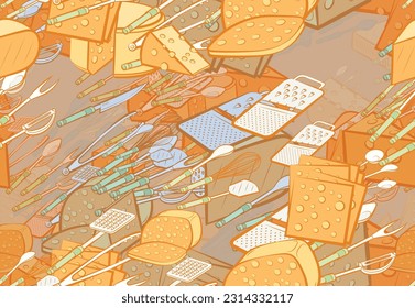 Background pattern abstract design texture. Seamless. Cheeses and Cutlery. Theme is about a circle, thinly sliced, whisk, chunks, kitchen knife, spoon, ladle, hard cheese, remnant, briquette
