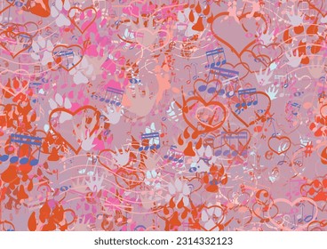 Background pattern abstract design texture. Seamless. Theme is about fox, lynx, crotchet, musuc, musical key, semiquaver, parrot, romance, relations, owl, nature, prints, semibreve, cat