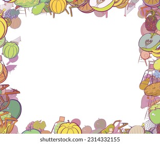 Background pattern abstract design texture. Tennis and Fruits. Border frame, transparent background. Theme is about net, fruit, pear, slices, tennis racket case, pinch, chair, incision