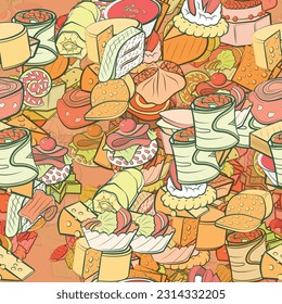 Background pattern abstract design texture. Seamless. Snacks and Cheeses. Theme is about big, thinly sliced, sausage, lettuce leaf, snack, solid, jelly, salmon, roll, no holes, classical