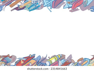 Background pattern abstract design texture. Building tools and Repair. Horizontal seamless stripes. Border frame, transparent background. Theme is about laying bricks, acute, pliers, for the garage