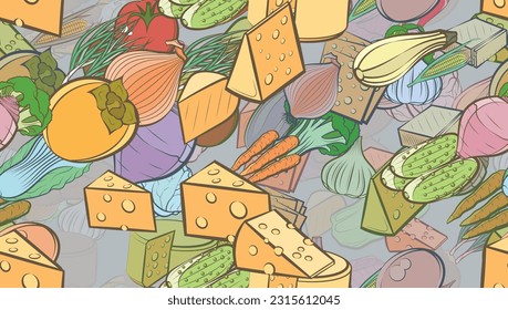 Background pattern abstract design texture. Seamless. Cheeses and Health food. Theme is about spring onions, share, satisfying, head of cab, classical, shell, whole onion, garlic head, cut out