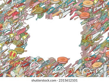 Background pattern abstract design texture. Building tools and Repair. Border frame, transparent background. Theme is about wiring, folding, hand saw, painter, nippers, waterproofing, instruments
